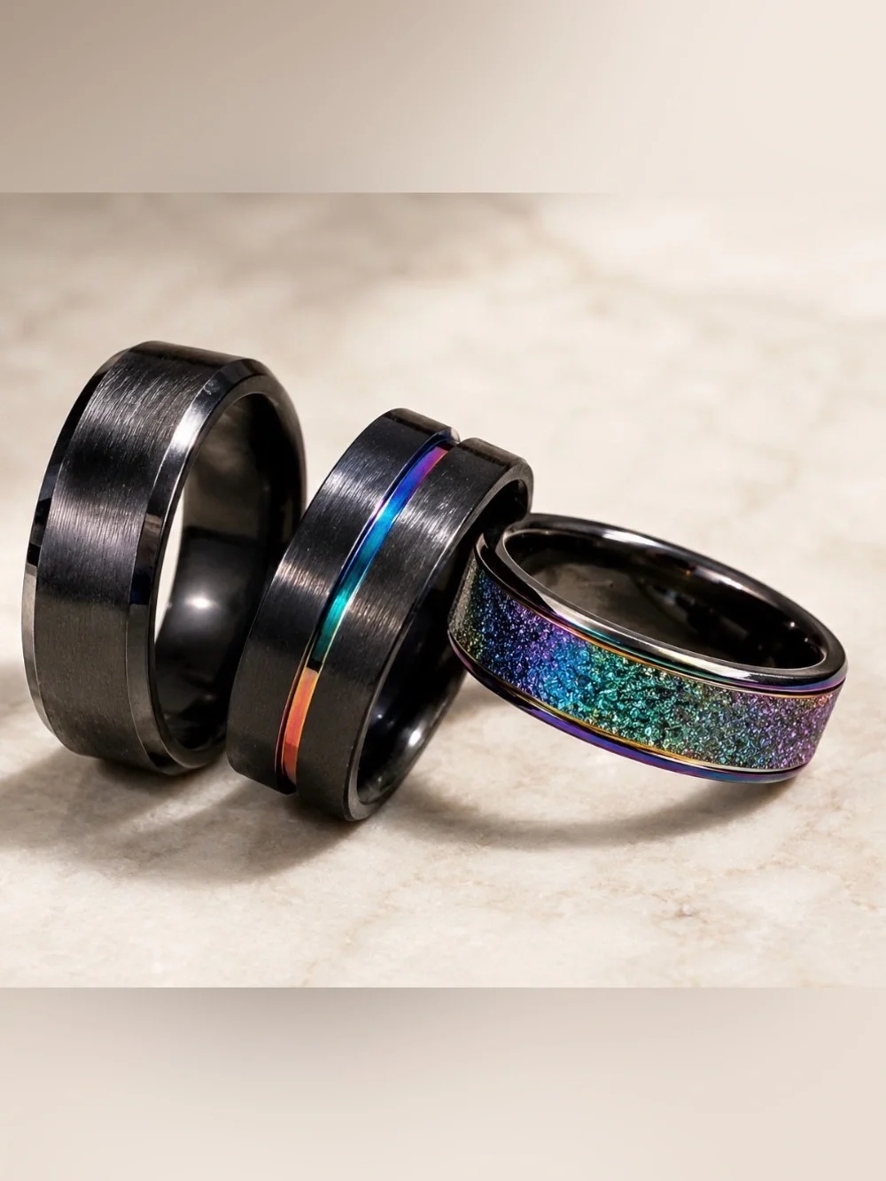 Black Men's Ring with Iridescent Rainbow Inlay